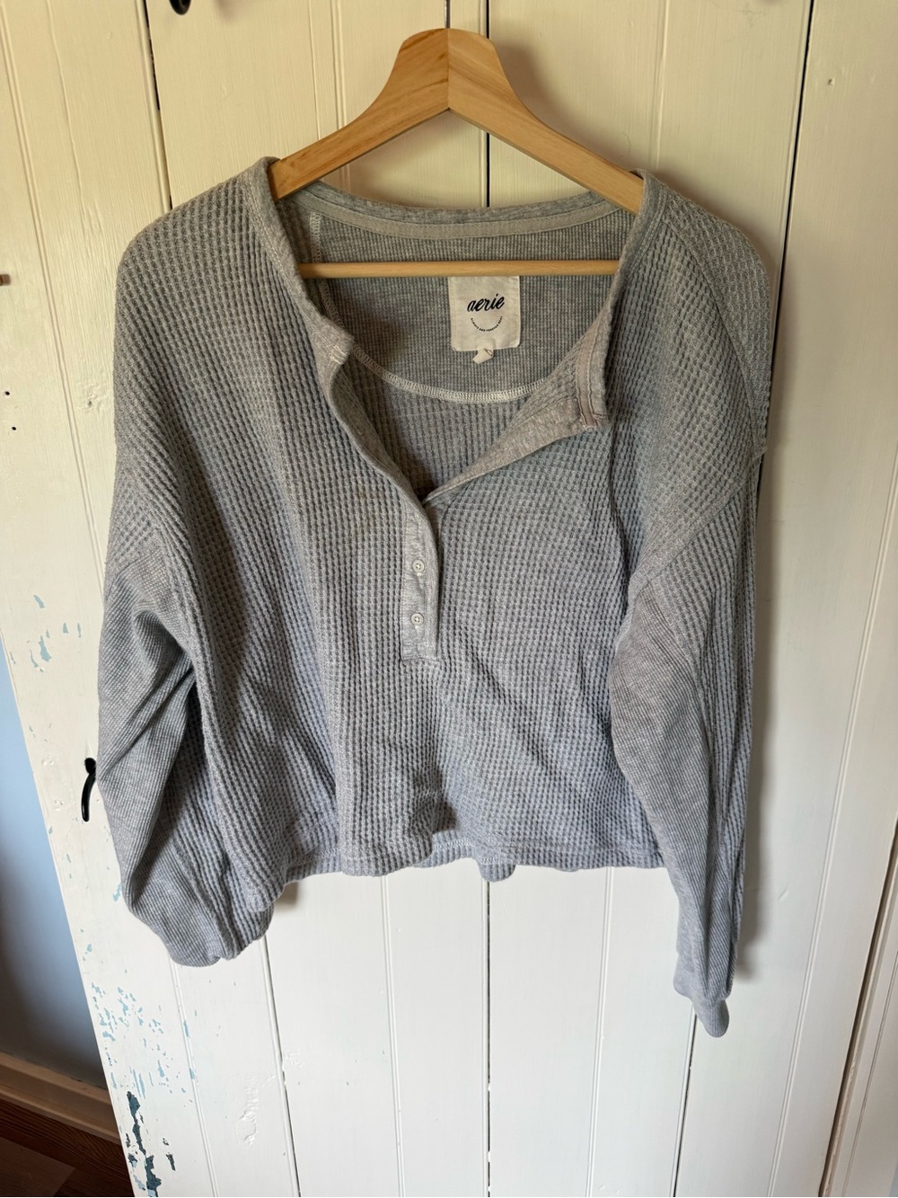 aerie Light Gray Waffle Henley Long Sleeve Top